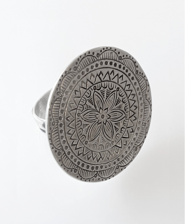 Bague Ancienne En Argent Massif Motif Rosace - Taille 48 - Occasion
